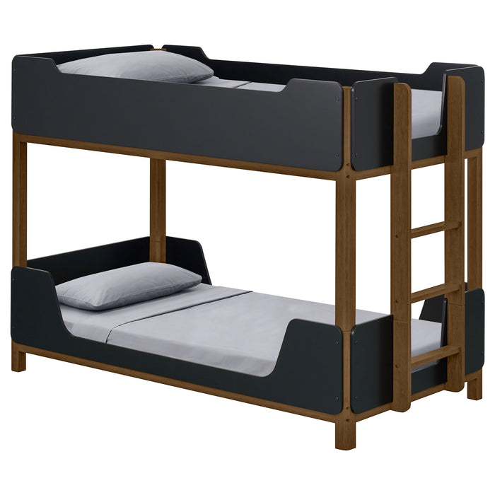Morris Twin Over Twin Wood Bunk Bed with Ladder Walnut and Black