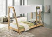 White and natural wood twin over twin bunk bed by CoasterEveryday, showcasing sturdy frame and space-saving design in a modern bedroom.