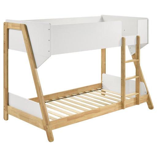 CoasterEveryday Wyatt Wood twin over twin bunk bed in white and natural finish, showcasing sturdy frame and ladder design.