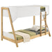 White and natural wood twin over twin bunk bed by CoasterEveryday, featuring sturdy frame and modern design for kids' bedroom furniture.