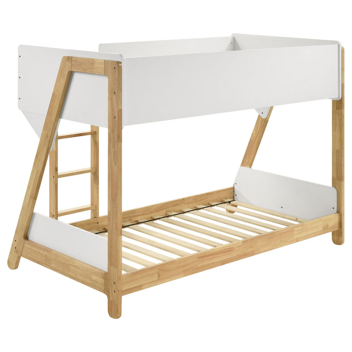 White and natural wooden twin over twin bunk bed with sturdy frame and safety rails, perfect for children's bedroom furniture.