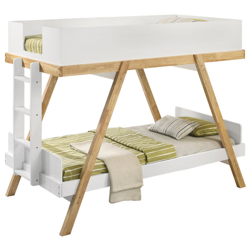White Frankie twin over twin bunk bed with 7-inch mattresses and sturdy wooden frame, ideal for space-saving bedroom furniture.