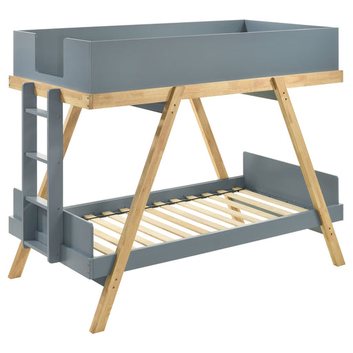 Wood twin over twin bunk bed in blue and natural finish with safety rails and ladder, designed for children's bedrooms.