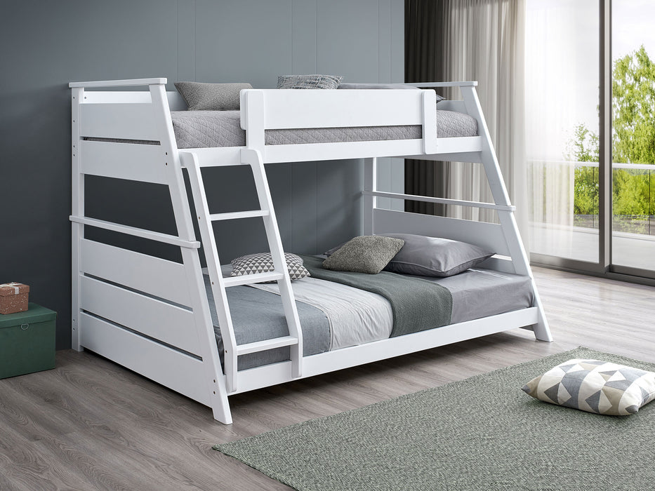 White Holden wood veneer twin over full bunk bed with sturdy frame and modern design, ideal for children’s bedroom furniture.