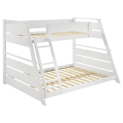 White Holden wood veneer twin over full bunk bed by CoasterEveryday, with sturdy frame and natural wood grain finish.