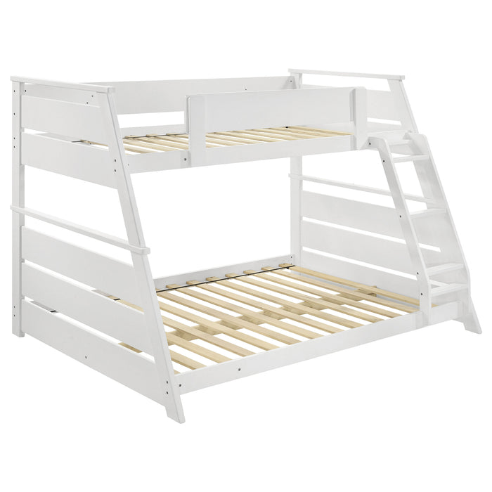White Holden Wood Veneer Twin Over Full Bunk Bed from CoasterEveryday, showcasing the sturdy wooden frame and twin over full sleeping arrangement.