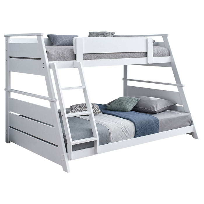 White Holden wood veneer twin over full bunk bed with safety rail and sturdy frame, ideal for space-saving bedroom furniture.