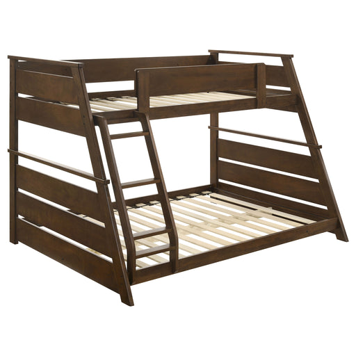 Wood veneer twin over full bunk bed in walnut finish with sturdy frame and built-in ladder, ideal for space-saving bedroom furniture.
