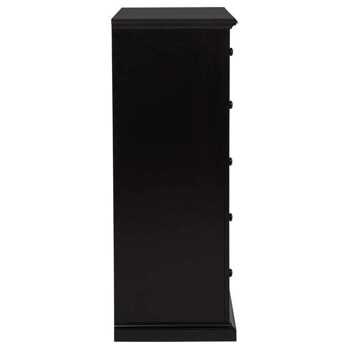 Black Sumerlin 6-drawer bedroom chest of drawers by CoasterEveryday, showcasing sleek furniture with six spacious drawers.