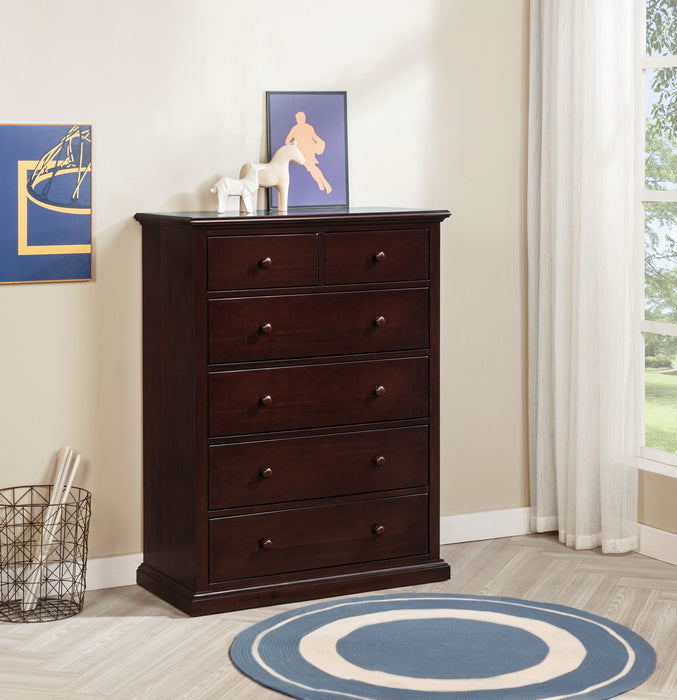 CoasterEveryday Sumerlin 6-drawer bedroom chest of drawers in cappuccino finish, showcasing sleek wood furniture with silver handles.