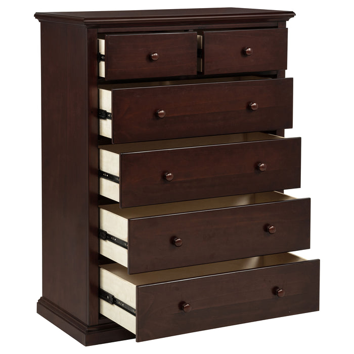 Sumerlin 6-drawer bedroom chest of drawers in cappuccino finish, wooden furniture with metal handles for bedroom storage.