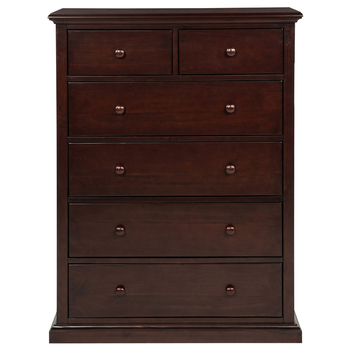 CoasterEveryday Sumerlin 6-drawer bedroom chest in cappuccino finish, showing sleek wood furniture with metal handles.