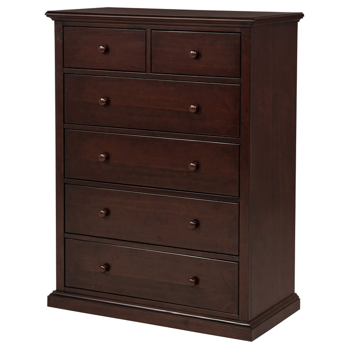 Sumerlin 6-drawer bedroom chest of drawers in cappuccino finish, made by CoasterEveryday, showing the sleek furniture design.