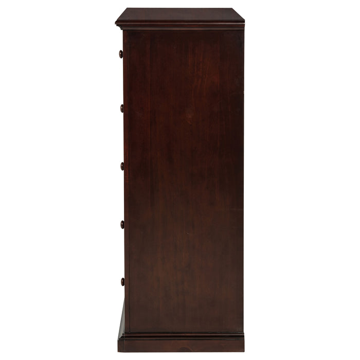 CoasterEveryday Sumerlin 6-drawer bedroom chest of drawers in cappuccino finish, showing the furniture with metal handles and wood grain texture.