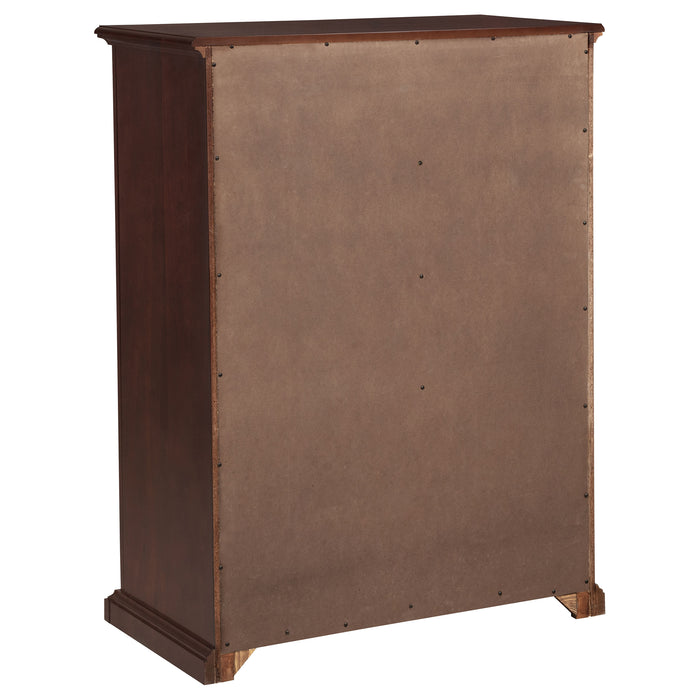 CoasterEveryday Sumerlin 6-drawer bedroom chest of drawers in cappuccino finish, showing sleek wood furniture with silver handles.