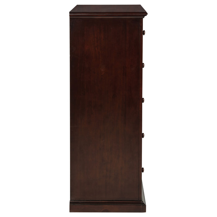 CoasterEveryday Sumerlin 6-drawer bedroom chest of drawers in cappuccino finish, showing sleek furniture with metal handles and smooth surface.