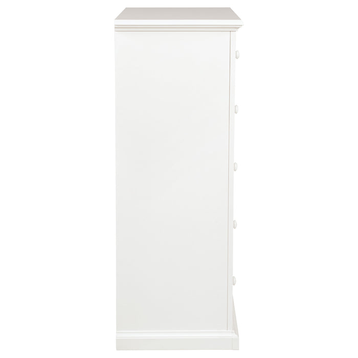 White Sumerlin 6-drawer bedroom chest of drawers by CoasterEveryday with sleek handles and modern design standing on a wooden floor.