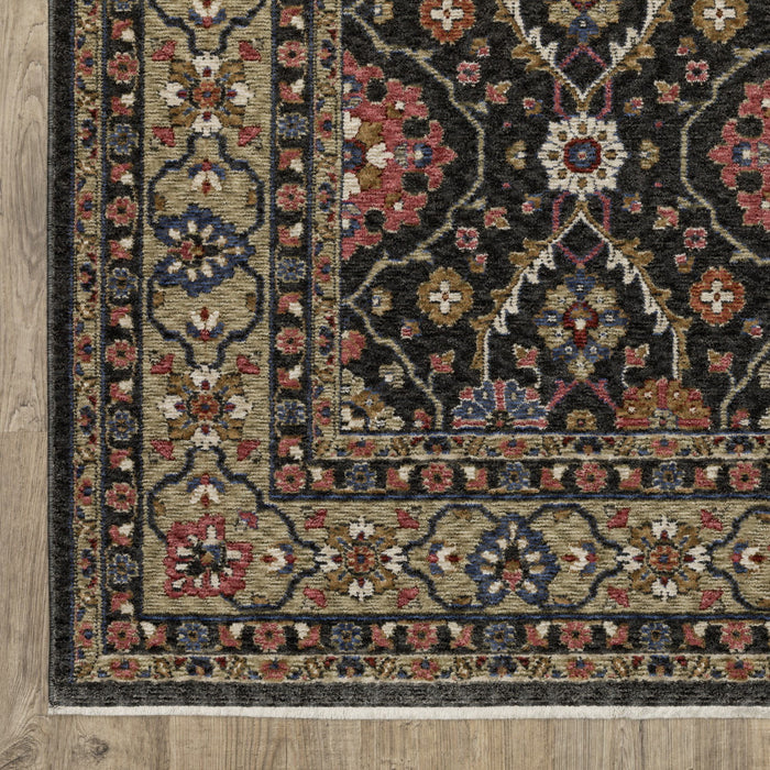 8' X 11' Oriental Area Rug With Fringe - Charcoal And Pink