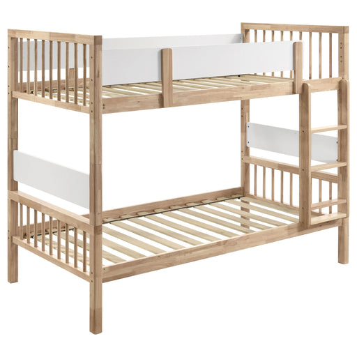Natural finish Dakota Wood twin over twin bunk bed by CoasterEveryday with sturdy wood frame and built-in ladder, perfect for children's room