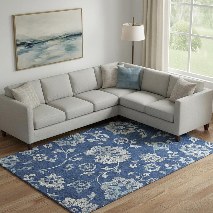 9' X 12' Floral Washable Area Rug With UV Protection (667926) - Navy Blue / Silver