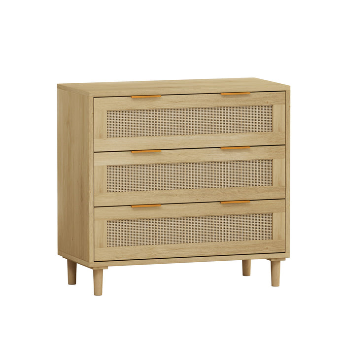Set of 2 Giga oak rattan storage cabinets with 3 drawers each, ideal for bedrooms, living rooms, or hallways.