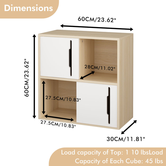 Giga storage cabinet with sliding doors, featuring two open and closed shelves in natural and white finish.
