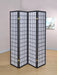 Roberto 4-panel black folding shoji screen room divider, wooden furniture piece with traditional paper panels and black frame.