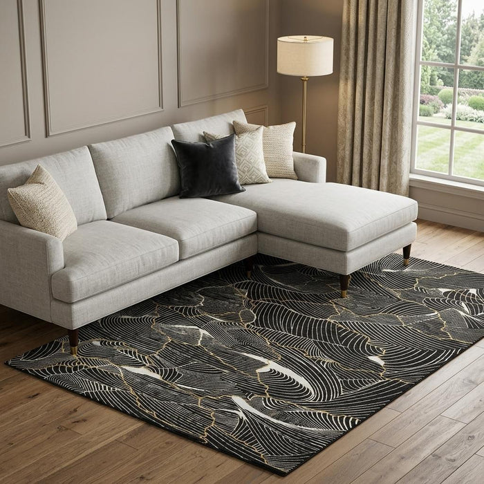 10' X 14' Abstract Washable Area Rug With UV Protection (682187) - Black / Ivory / Gold