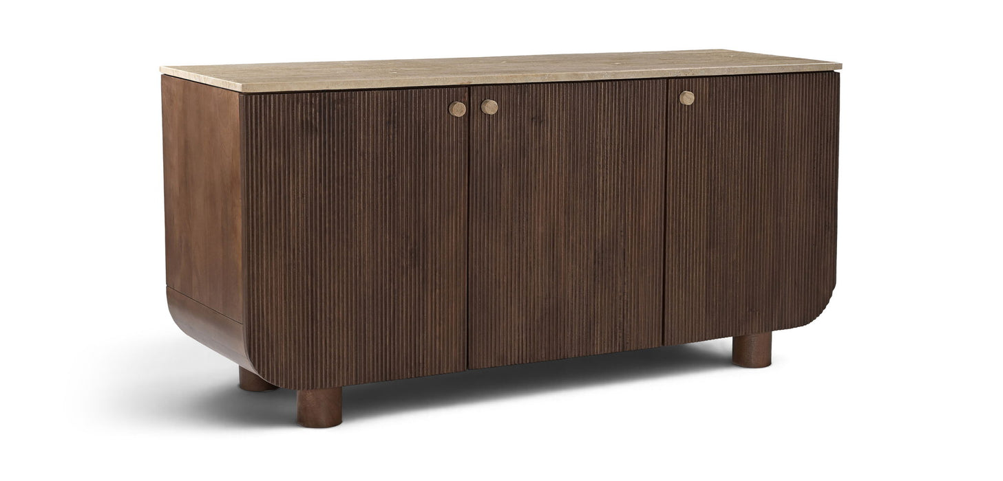 Mango wood sideboard by Meridian Furniture with sleek design, featuring multiple storage compartments and a smooth finish.