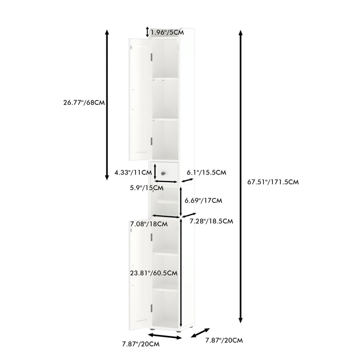 Giga white slim tall bathroom linen cabinet with adjustable shelves, two doors, freestanding storage for bathroom organization