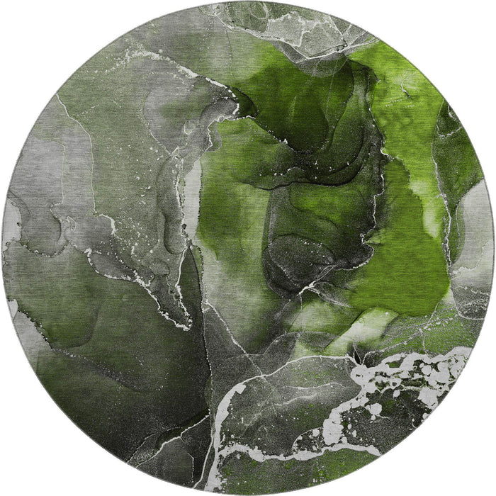 8' Abstract Washable Round Rug With UV Protection (646677) - Green / Charcoal