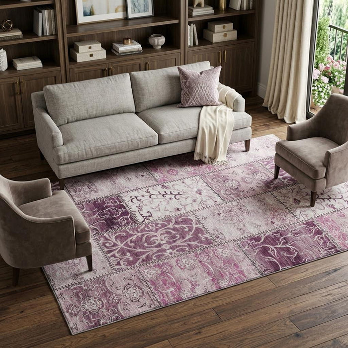 8' X 10' Patchwork Distressed Washable Area Rug With UV Protection (649556) - Burgundy / Ivory