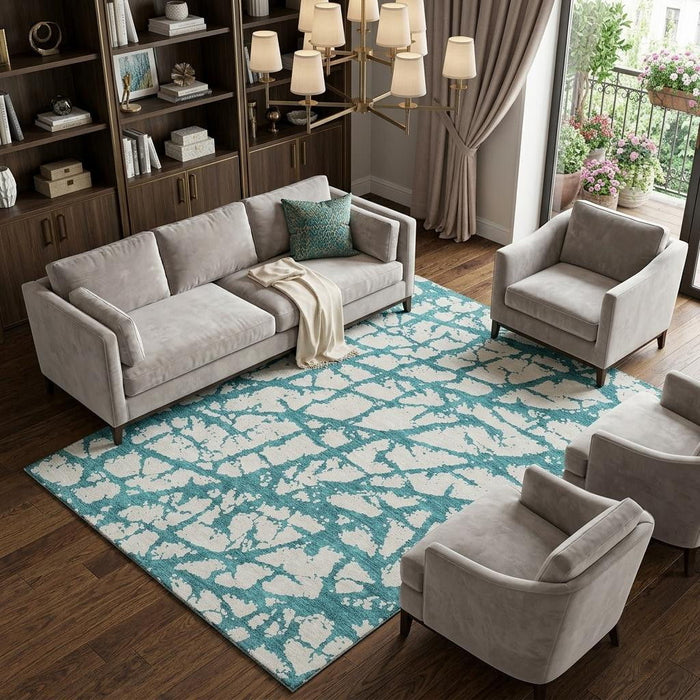 10' X 14' Abstract Washable Area Rug With UV Protection (676884) - Teal / Ivory