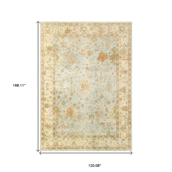 10' X 14' Wool Oriental Hand Knotted Area Rug - Blue And Sand
