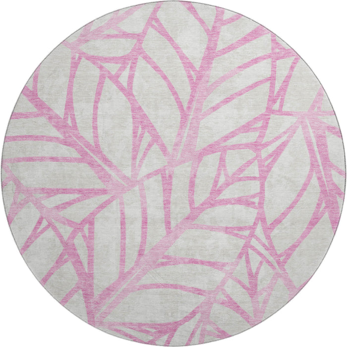 8' Floral Washable Round Rug With UV Protection - Pink And Beige