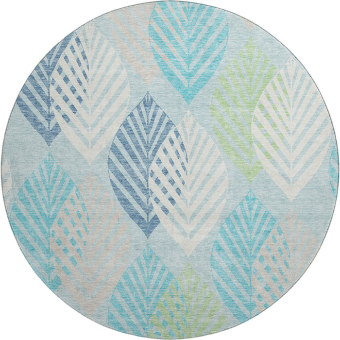 8' Transitional Floral Washable Round Rug With UV Protection - Teal