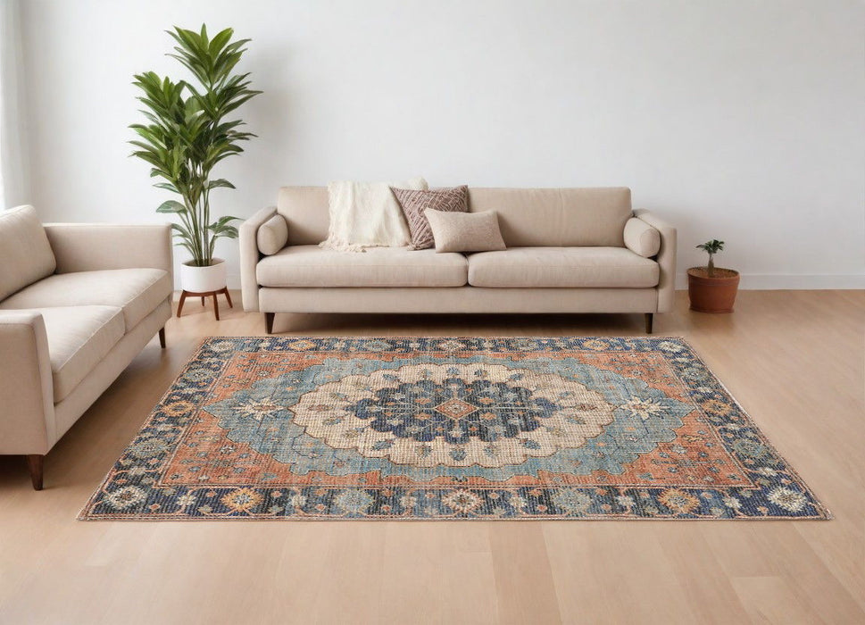 7' x 12' Hand Woven Traditional Medallion Indoor Area Rug - Blue