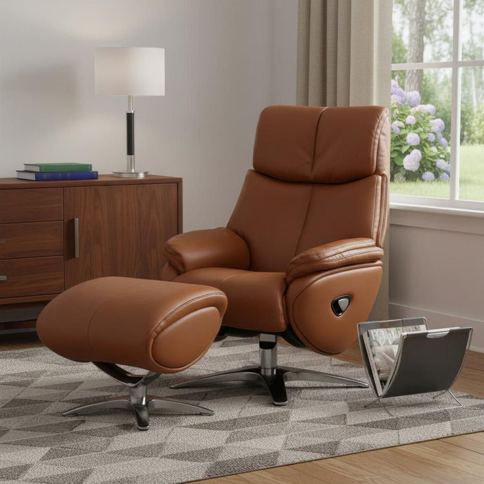 HomeRoots tufted genuine leather manual swivel recliner with matching ottoman in russet color, showcasing plush upholstery and reclining feature.