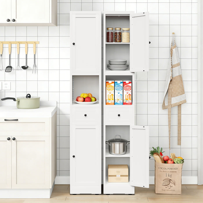 Giga tall white bathroom storage cabinet with 5 narrow adjustable shelves, 2 doors, and freestanding design, ideal for medicine storage.