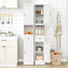 Giga tall white bathroom storage cabinet with 5 narrow adjustable shelves, 2 doors, and freestanding design, ideal for medicine storage.