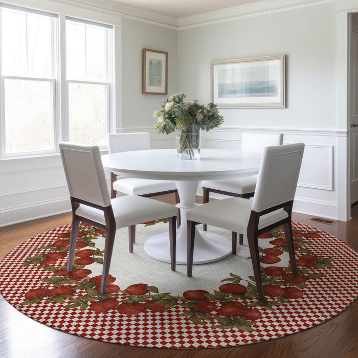 8' Geometric Washable Round Rug With UV Protection - Red And Ivory