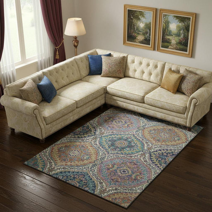 10' X 14' Floral Washable Area Rug With UV Protection (710298) - Blue / Copper / Fern Green