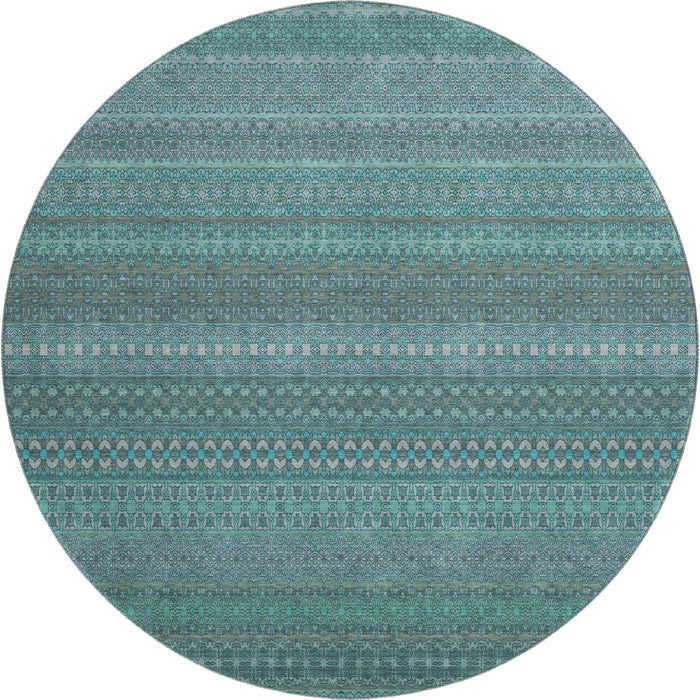 8' Striped Washable Round Rug With UV Protection (647557) - Turquoise / Ivory