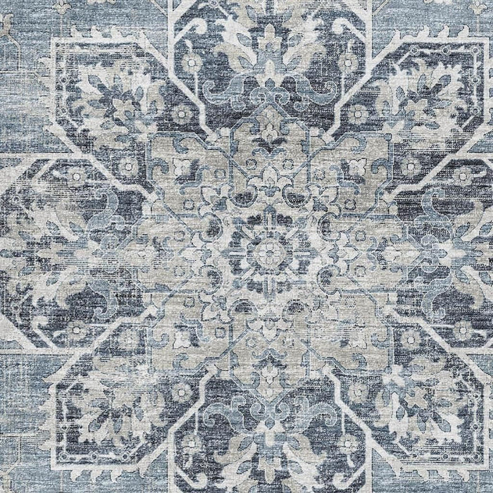 10' X 14' Floral Medallion Distressed Washable Area Rug With UV Protection (644544) - Blue / Ivory / Gray