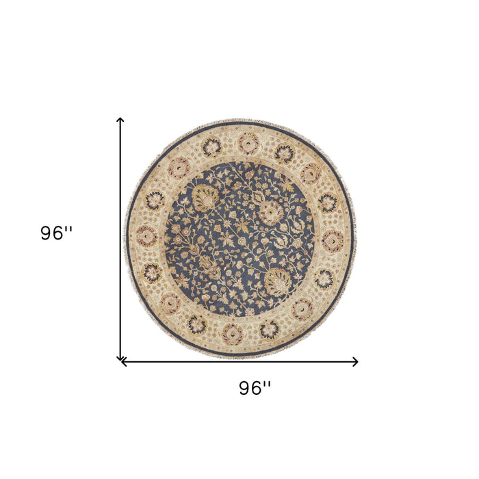 8' Wool Oriental Hand Knotted Round Rug - Black Brown And Gold