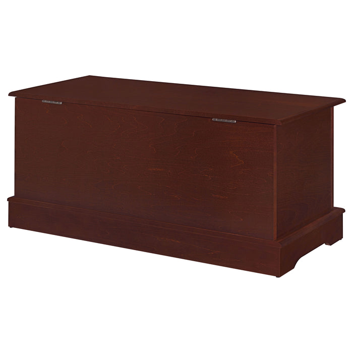 CoasterEssence Paula cedar chest furniture in warm brown finish with hinged lid and paneled design