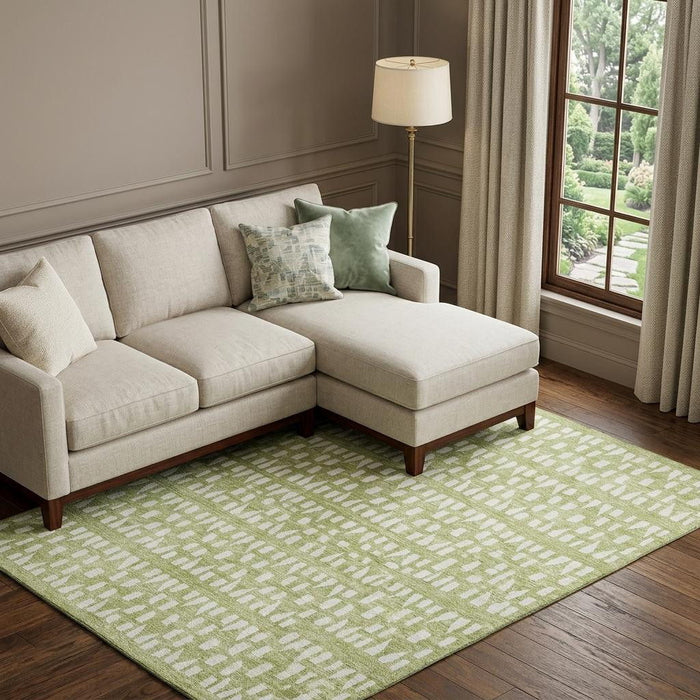 10' X 14' Geometric Washable Area Rug With UV Protection (676242) - Artichoke Green / Ivory