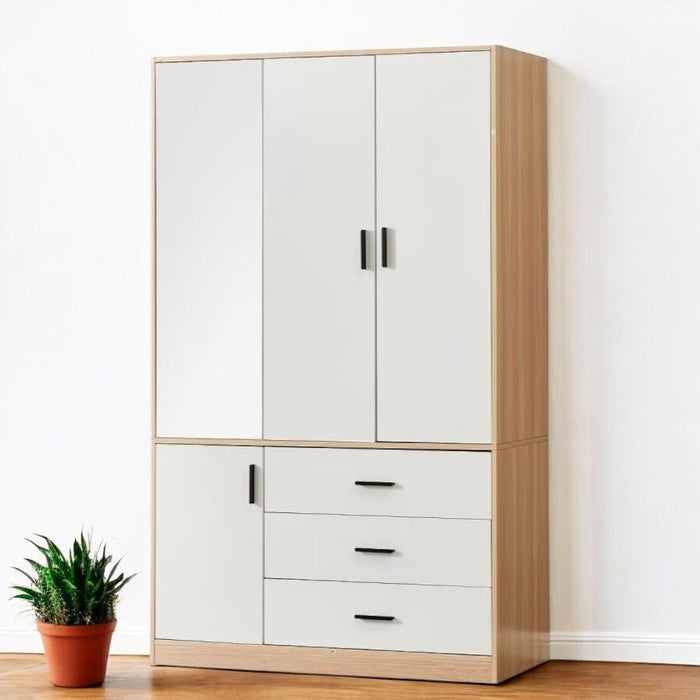 71" Mirro Three Door Three Drawer Combo Dresser - White And Natural