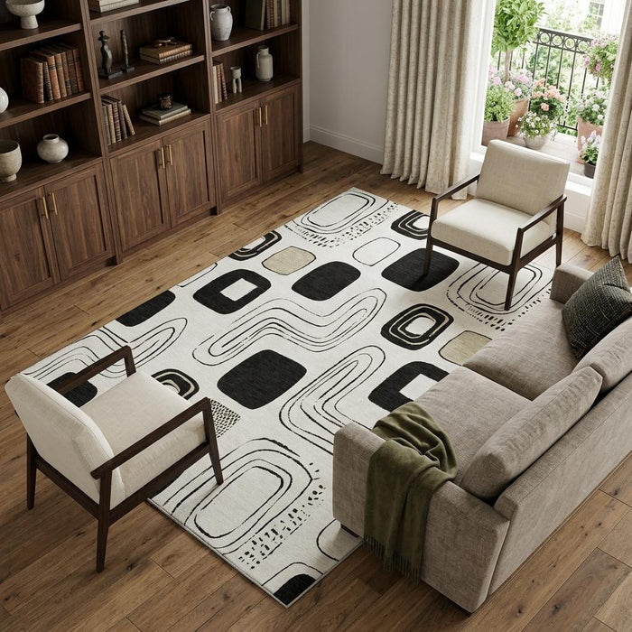 10' X 14' Geometric Washable Area Rug With UV Protection (696656) - Ivory / Black / Beige