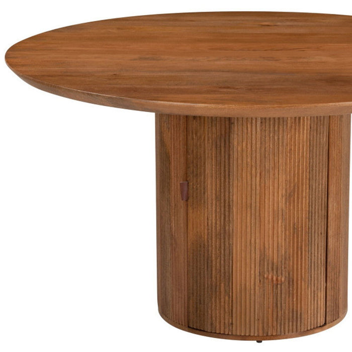 56" Solid Wood Ribbed Texture Pedestal Base Round Dining Table - Brown